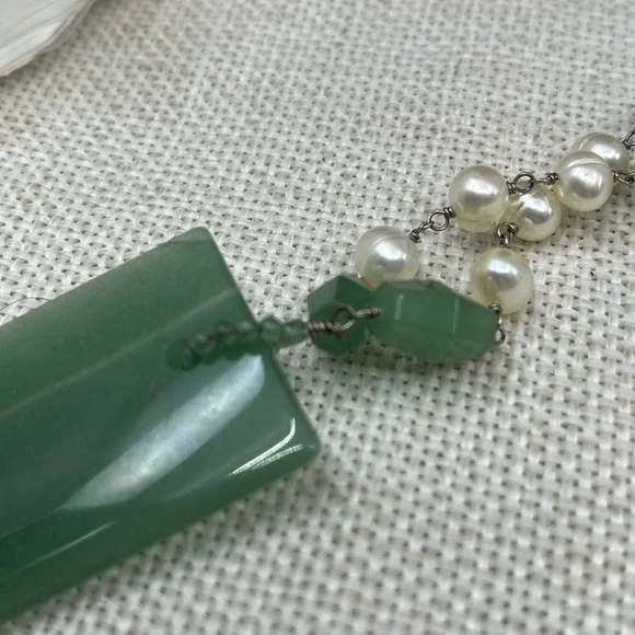 Vintage Green Jade & Pearl Sterling Silver Pendant Necklace 16" - Picture 14 of 17